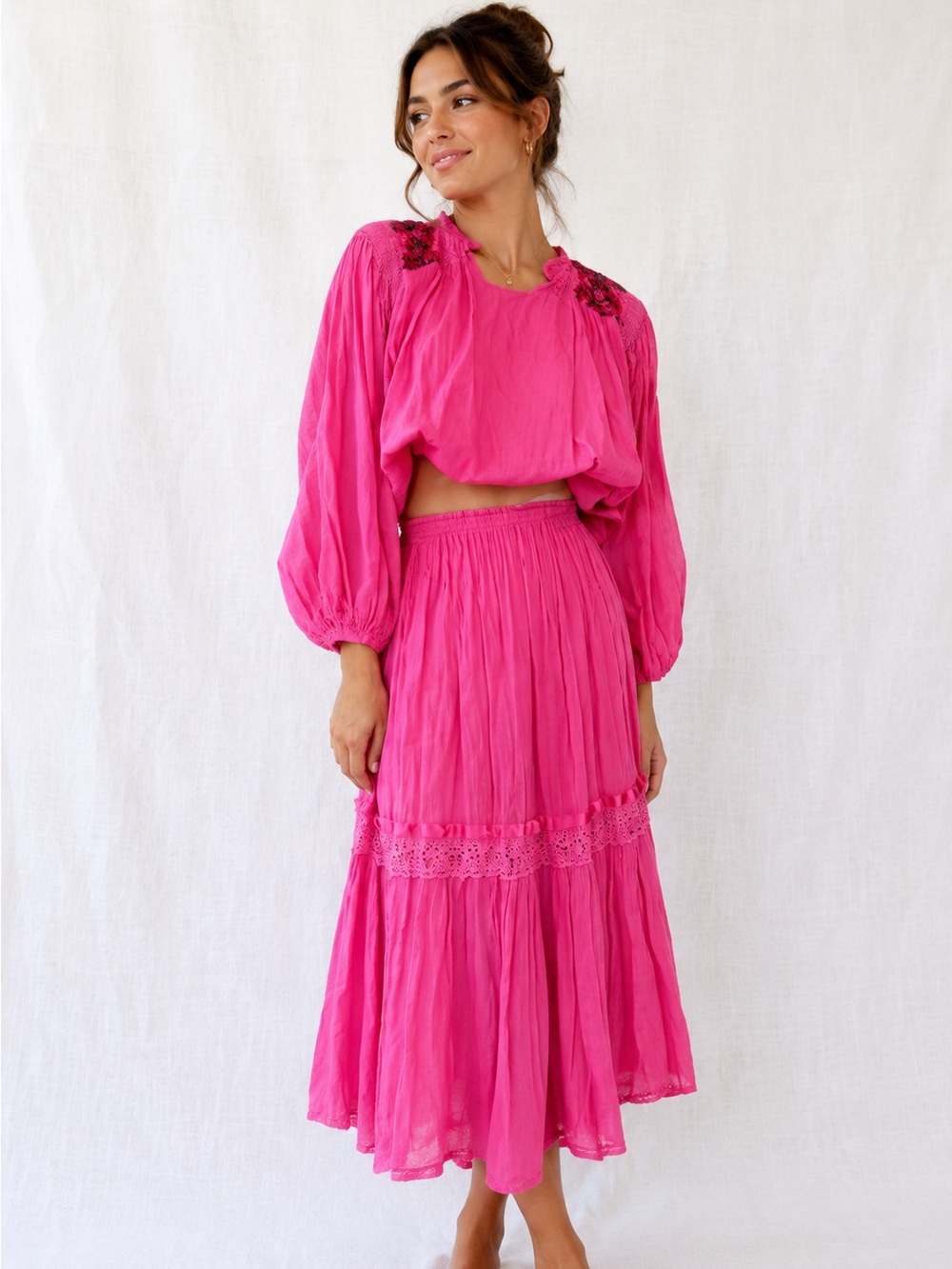 Vintage Bright Pink Women's Tiered Midi Skirt and embroidered and crocheted top